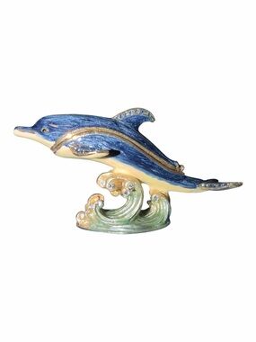 Blue Dolphin Trinket Jewelry Figurine with Green Wave Base and Rhinestones